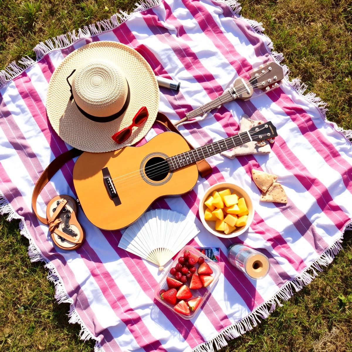 Manta de picnic no gramado com chapéu, óculos, violão e frutas
