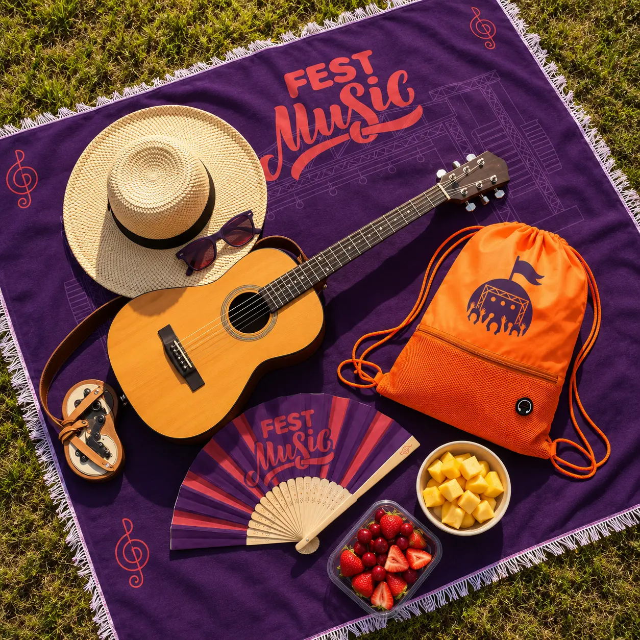 Manta de picnic no gramado com chapéu, óculos, violão, saco mochila e frutas