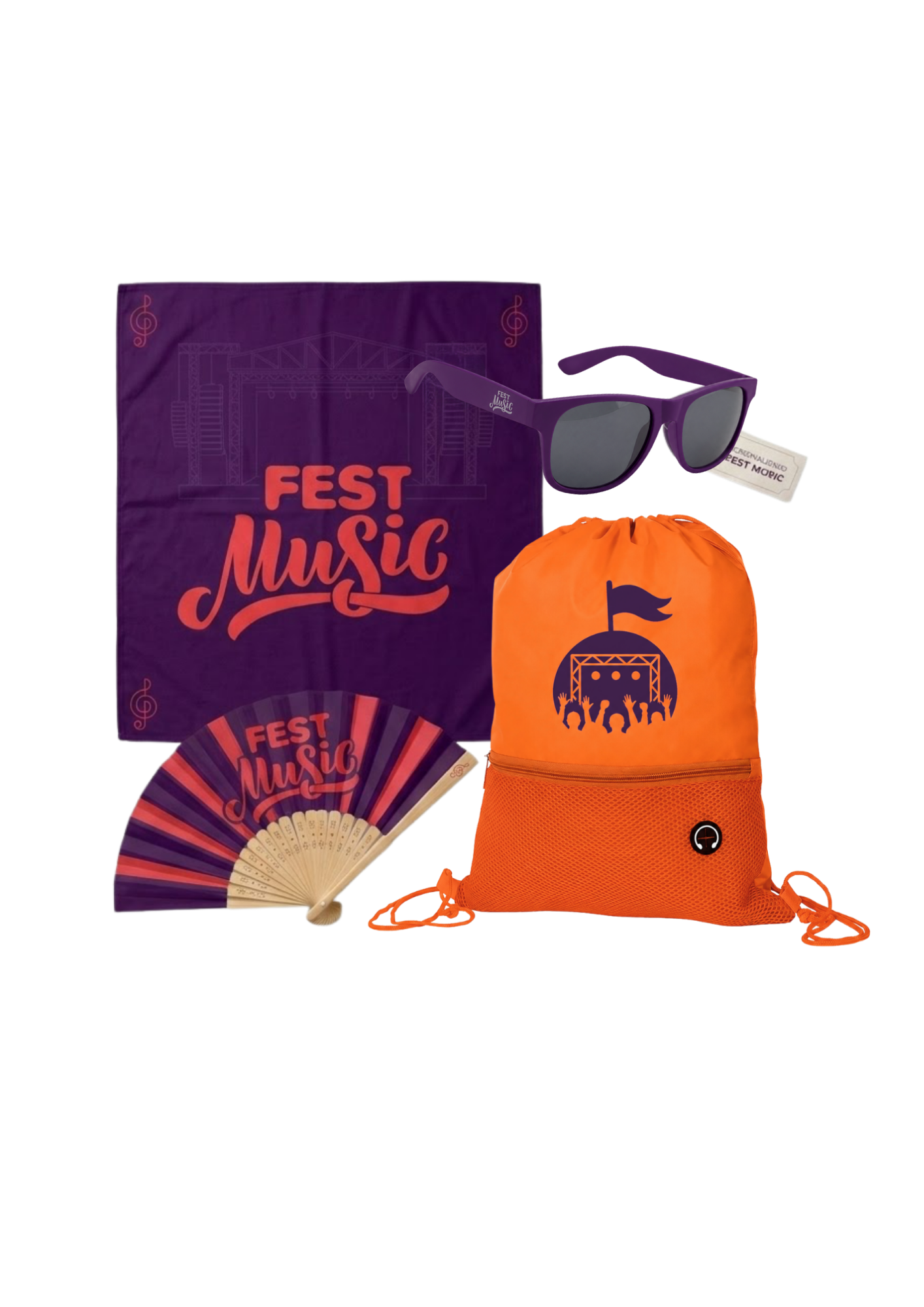 Kit temático Fest Music 2026: canga, óculos, leque e saco mochila